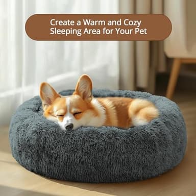 JOLLYVOGUE Calming Dog & Cat Bed for Large Dogs, Anti-Anxiety Donut Cuddler Cozy Soft Round Bed with Anti-Slip Bottom, Fluffy Faux Fur Plush Cushion Beds for Medium Dogs (36") - Image 4