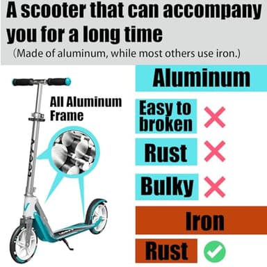 Scooter for Kids 6-12 & Adults | Adjustable Height, Foldable, Lightweight Aluminum Frame | Holds Up to 240lbs | Smooth Ride on Any Terrain - Image 3