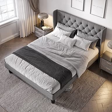 Allewie Queen Size Bed Frame with Button Tufted Wingback Headboard, Modern Upholstered Bed Frame with Solid Wooden Slats Support - No Box Spring Needed, Easy Assembly, Light Grey - Image 3