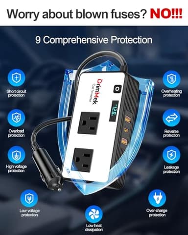 DrimMek 200W Car Power Inverter, Car Plug Adapter Outlet 12V to 110V Converter with 24W USB Fast Charging Port, Dual AC Outlet for Laptop, Vehicles, Camping (LED Display) - Image 6