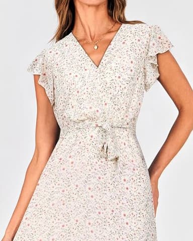 BTFBM Women Summer Bohemian Floral Casual Wrap V Neck Ruffle Cap Sleeveless Belt A-Line Pleated Hem Swing Midi Sun Dress (Floral Apricot, X-Large) - Image 6