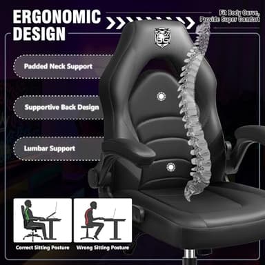 BestGlory Gaming Chair, Leather High-Back Home Office Desk Chair with Flip-Up Arms, Ergonomic Padded Rolling Wheels Swivel Tilt Gamer Computer Chair with Comfy Lumbar Support, Height Adjustable, Black - Image 4