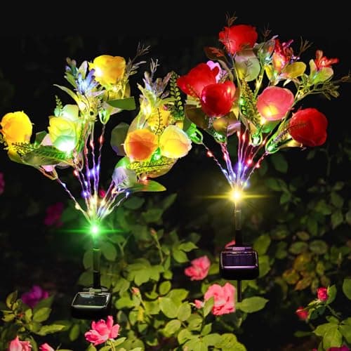 Solar Flower Lights Outdoor Garden Decor,Roses Multi-Color Changing LED Waterproof,Birthday Gifts for Women Mom Grandma,for Yard Lawn Backyard Landscape Pathway Patio Outside Gardening Gifts-2 Pack - Image 1