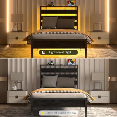 J.Fkne Twin Bed Frame with LED Lights & Charging Station, Storage Headboard, Heavy Duty Metal Slats, No Box Spring Needed, Noise-Free, Easy Assembly, Black - Image 6