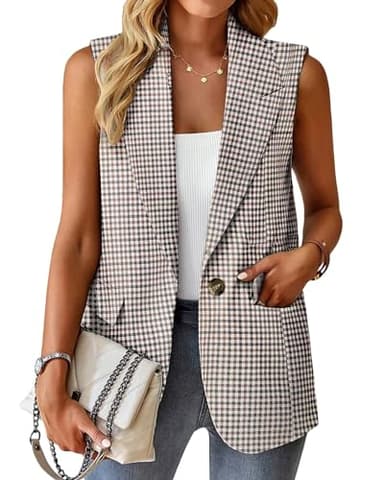 Mina Self Fall Vest Blazer For Women Plaid Houndstooth Tan Oversize Tops Jacket Business Casual Womens Work Outfits Clothes Top Vests Blazers KG L - Image 2