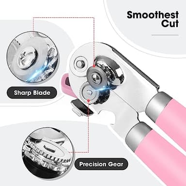 Beneno Heavy Duty Hand Can Opener Manual with Magnet, Durable Sharp Carbon Steel Blade Smooth Cutting, Big Effort-Saving Knob & Soft Grip Handle, Multifunctional Kitchen Tool with Bottle Opener, Pink - Image 3