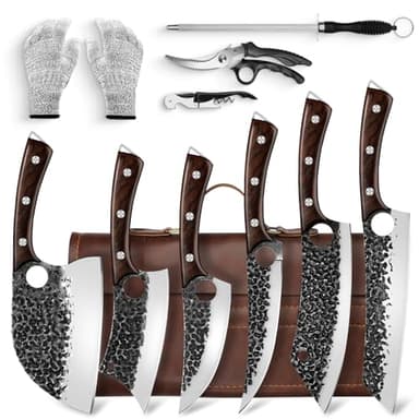 DRGSKL Serbian Chef Knife Set, Hand Forged Knife Set with Bag, Full Tang Kitchen Knife Sets with High Carbon Steel, Meat Cleaver Butcher Boning Knife for Brisket Trimming, Gift for Men Women - Image 1