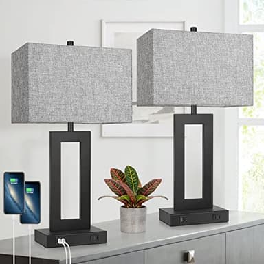 Set of 2 Modern Touch Control Table Lamps with 2 USB Ports, 22’’ Large Bedside Nightstand Lamps 3-Way Dimmable Desk Lamp with Grey Fabric Shade for Bedrooms Living Room Reading, 2 LED Bulbs Included - Image 1