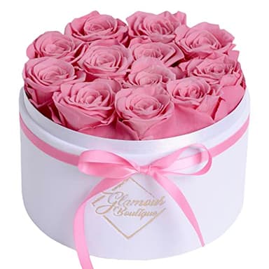 GLAMOUR BOUTIQUE Flower Forever Gift Box 12 Real Preserved Roses in Round Velvet White Box, Handmade, Rose Petals, Birthday, Marriage, Anniversary, Graduation - Pink - Image 1