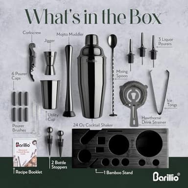Barillio Black Bartender Kit - Stainless-Steel Cocktail Shaker Set w/Black Bamboo Stand - Mixology Bar Tools w/Drink Shaker, Mixer and Muddler for Cocktails - Home Bar Accessories - 23-Pc Bar Set - Image 3