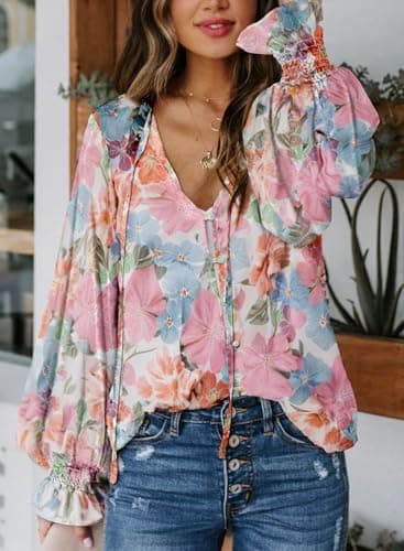 Biucly Womens Casual Floral Print Long Sleeve Boho Blouses Dressy Casual V Neck Button Down Shirt Flowy Cute Spring Tops for Women 2025 Trendy,US 12-14(L),Flower Pink and Blue - Image 2