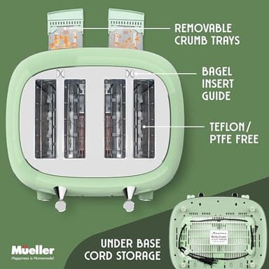 Mueller Retro Toaster 4 Slice with Extra Wide Slots Bagel, Defrost, and Cancel Function, 6 Browning Levels, Dual Independent Controls, Removable Crumb Tray and High Lift Levers, Sage Green - Image 7