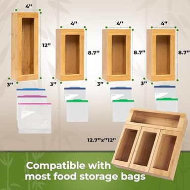 Storage Bag Organizer, Bamboo Baggie Organizer for Drawer, 4 Modular Blocks with Labels, Plastic Bag Storage Organizer, Quick Refill, Compatible with Gallon, Quart, Sandwich, Snack size bags - Image 3