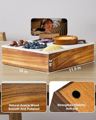 Couch Cup Holder Tray, Hitseon Silicone Acacia Wooden Couch Caddy with Cup Holder for Bed Car Beach, Drink Holder for Couch with Upgrade Removable 360° Rotating Holder Black - Image 2