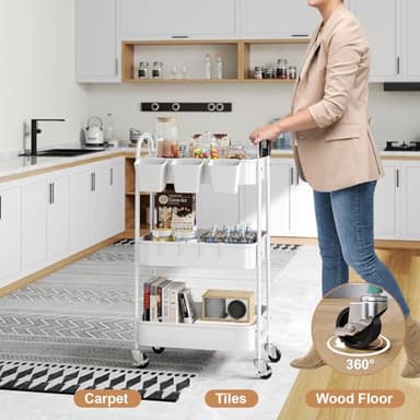 3 Tier Heavy Duty White Metal Rolling Cart with Lockable Wheels, Three Tier Roller Book Snack Cart, Utility Storage Organizer Carts for Kitchen, Bathroom, Garage, Baby Diaper, Craft, Art, Teacher - Image 7