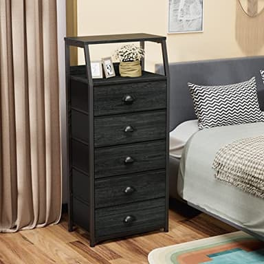 Furnulem Black Dresser with 5 Drawers, Vertical Storage Tower Fabric Dresser for Bedroom, Hallway, Entryway, Nursery, Closet Organizer, Nightstand Bedside Table Furniture, Sturdy Steel Frame, Wood Top - Image 6