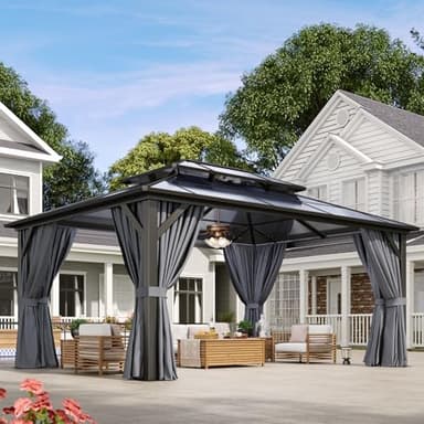 Aoxun 12'x16' Hardtop Gazebo, Aluminum Frame Permanent Pavilion with Curtains and Netting, Outdoor Polycarbonate Double Roof Canopy, Designed for Garden, Lawns, Patio - Image 2