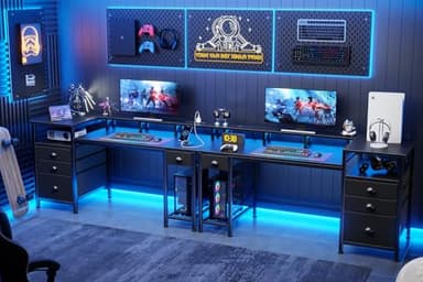 Furologee 60" Black Computer Desk with 4 Drawers and Printer Space, Gaming Desk with LED Lights and USB Power Outlets, Home Office Desk with Fabric File Cabinet,Study Work Table with Shelf for Bedroom - Image 9