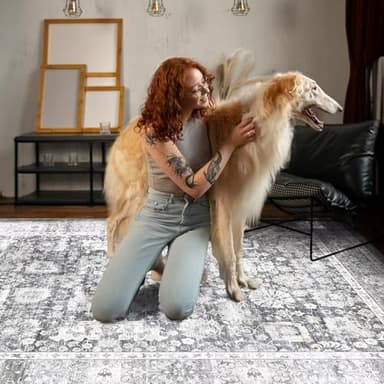 HOMFINE Vintage Design Area Rugs - Machine Washable Rug 6'x9' with Non Slip Rugs for Living Room Bedroom Floral Print Rug Carpet Stain Resistant, Home Decor Office Area Rug, Light Grey - Image 5