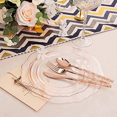 Liacere 150PCS Rose Gold Plastic Plates - Clear Rose Gold Disposable Plates with Glitter Bamboo Handle Cutlery - 60 Baroque Elegant Plates, 30 Forks, 30 Spoons, 30 Knives for Thanksging day&Chrismas - Image 9