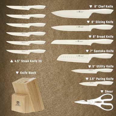 Knife Set, HUNTER.DUAL 15 Pcs Kitchen Knife Set with Block Self Sharpening, Dishwasher Safe, Anti-slip Handle (Beige) - Image 2