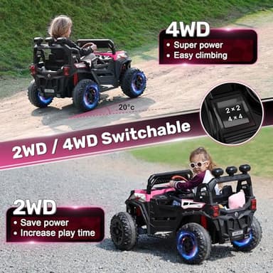ANPABO 24V 4X4 Ride on Car Truck w/Remote Control, 4WD/2WD Switchable Kids UTV, 19" Spacious Seat, 4 Shock Absorbers, Soft Start, Music Player, Electric Car for Kids Ages 3+(Pink) - Image 3