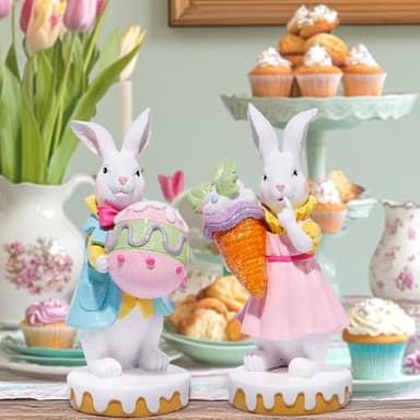 Hodao 2PCS Easter Bunny Couple Decoration Spring Rabbit Decor Figurines for Home, Holiday Celebrations Tabletopper Easter Bunny Decor Gifts for Party (White-Two) - Image 4