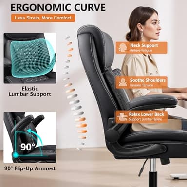 BESTFAIR Office Chair,Ergonomic Office Chair with Lumbar Support for Lower Back Pain Relief, Executive Leather Chair with Padded Flip-up Arms, Wheels and Adjustable Armrests, Black - Image 5