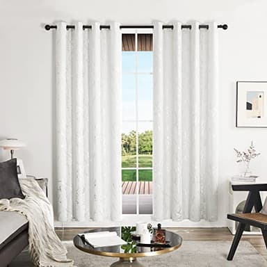 Deconovo Bedroom Curtains, Room Darkening Drapes, Thermal Insulated Soundproof Panel, Silver Tree Print, 52 x 84 Inch, Machine Washable Window Panels for Living Room Officee, Set of 2, Pure White - Image 2