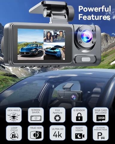 3 Channel Dash Cam Front and Rear Inside, Bulit a 32GB Card, Dash Camera for Cars,4K Full HD 2.0'' IPS Screen Dashcam with G-Sensor, IR Night Vision, WDR, Loop Recording, 24H Parking Mode - Image 6