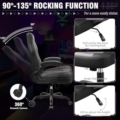 BestGlory Gaming Chair, Leather High-Back Home Office Desk Chair with Flip-Up Arms, Ergonomic Padded Rolling Wheels Swivel Tilt Gamer Computer Chair with Comfy Lumbar Support, Height Adjustable, Black - Image 6