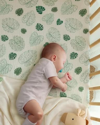 Blissful Diary Muslin Crib Sheets for Girl Boy, Boho Neutral Soft Cotton Baby Sheet for 52''x28'' Standard Crib Mattress, 2 Pack(Monstera&Dark Green) - Image 3