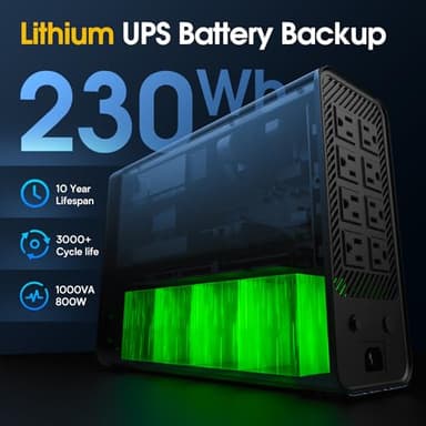 GOLDENMATE 1000VA/800W Lithium UPS Battery Backup & Surge Protector, Backup Battery Power Supply with LiFePO4 Batteries(230.4 Wh), Sinewave UPS System, 10 Years Lifespan, 8 Ports, LCD Display, Gray - Image 5