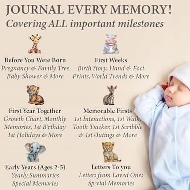 Baby Book Keepsake - Timeless Baby Memory Book for Boy or Girl I First 5 Year I Faux Leather, Gender Neutral, Safari Theme w/Gold Foil Stamp - Baby First Year Book Journal Scrapbook Photo Album Shower - Image 5