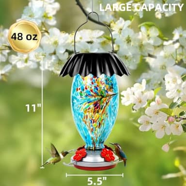 Solar Hummingbird Feeder for Outdoors Hanging Colorful Lighting 32 Oz Hand Blown Glass Hummingbird Feeder for Garden Decoration with Accessories (Blue) - Image 7