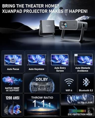 [Official XuanPad & Electric Focus] Projector with WiFi and Bluetooth, XuanPad Full HD 1080P Portable Projector, 210° Rotatable Stand, Auto Keystone, Dust Removal and Heat Dissipation Design - Image 2