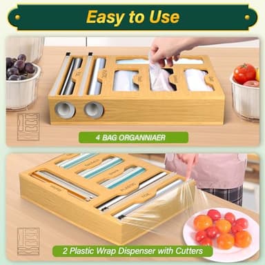 KOCWELL Bag Organizer and Plastic Wrap Dispenser with Cutter, 6 In 1 Bamboo Foil and Plastic Wrap Organizer for Kitchen Drawer, Food Storage Bag Organizer for Gallon,Quart,Sandwich,Snack(Yellow) - Image 4
