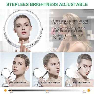 Aoglenic Makeup Mirror with Light, 8 inch Rechargeable 1X 10X Magnifying Mirror, Lighted Vanity Mirror with Magnification, Double Sided 360° Rotation, 3 Colors and Brightness Adjustable - Image 3