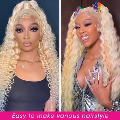 SUPSYOUSF 30 Inch Lace Front Wig Human Hair 613 13X6 Transparent Lace Deep Wave 180 Density Free Part Blonde Lace Frontal Wig for Women - Image 4
