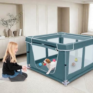 Dog Kitten Playpen with Cover, 42x42 x25.5 Puppy Playpen for Small Pet with See-Through Topper Proof, Green - Image 4