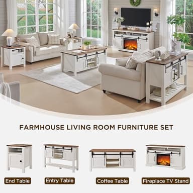 OKD Farmhouse Fireplace TV Stand for 70 Inch TV, 33" Tall Highboy Entertainment Center w/Electric Fireplace, Rustic Media Console w/Sliding Arched Door for Living Room,Antique White - Image 7