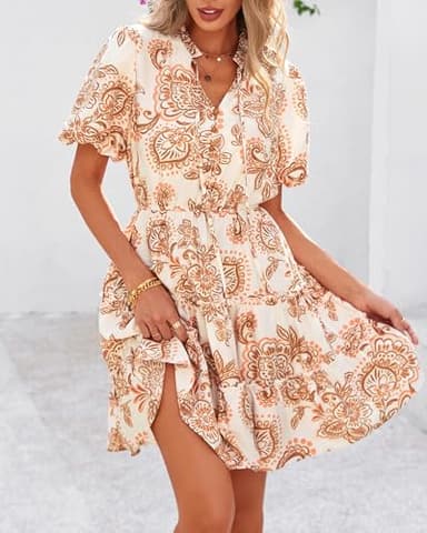 BTFBM Women Summer Floral Short Dresses V Neck Short Sleeve Tiered Ruffle Boho Swing Dress A-Line Mini Dresses(White Apricot Floral,Large) - Image 2