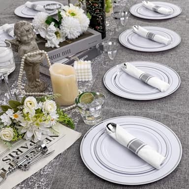 WELLIFE 350-Piece Silver Plastic Dinnerware Set - Disposable 10.25" Dinner Plates, 7.5" Dessert Plates, 9oz Silver Rim Cups & Cutlery for Weddings - 50 Guest Service - Elegant Disposable Silverware - Image 5