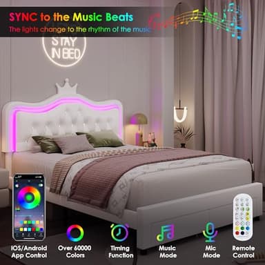 Keyluv Full Upholstered LED Bed Frame with Storage Drawer, Leather Princess Platform Bed with Adjustable Crystal Button Tufted Crown Headboard, Solid Wooden Slats Support, No Box Spring Needed, White - Image 4