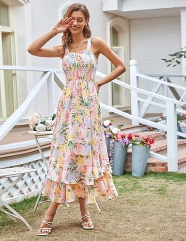 GRACE KARIN Women's 2025 Summer Floral Boho Dress Square Neck Strapped Swing A Line Sundress Beach Long Maxi OutfitsBlue Yellow XL - Image 7