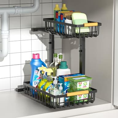 Merrylun Under Sink Organizers for Kitchen,5 Adjustable Height，Metal Pull Out and Storage Shelves with Sliding Drawer, Bathroom, Black, 2 Pack（Hight 13.6″-16.9″） - Image 6