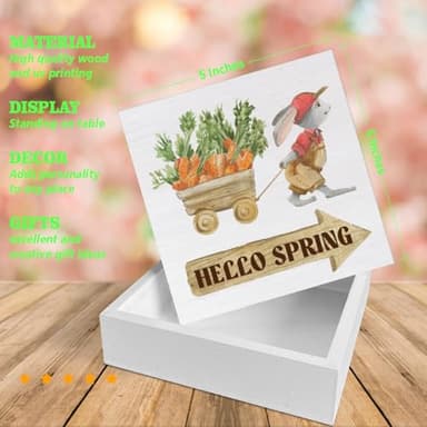 Spring Decor - Spring Sign Decorations Hello Spring Wood Block Plaque Sign Farmhouse Home Desk Table (5 x 5 Inches) - Image 2