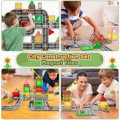 LionFuny Magnetic Tiles, Magnetic Blocks Road Tiles Set, Magnets Construction Toys for Kids Ages 3-5 4-8 8-12, Toddlers STEM Preschool Toy Boys Girls Toys with Crane Airplane Car - Image 2
