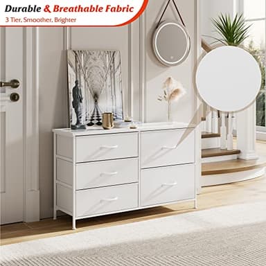 Nicehill White Dresser for Bedroom with 5 Drawers, Small Dresser for Kids' Bedroom, Closet, Wide Chest of Drawers with Fabric Storage Drawers, Wooden Top, Steel Frame, Modern, White - Image 5