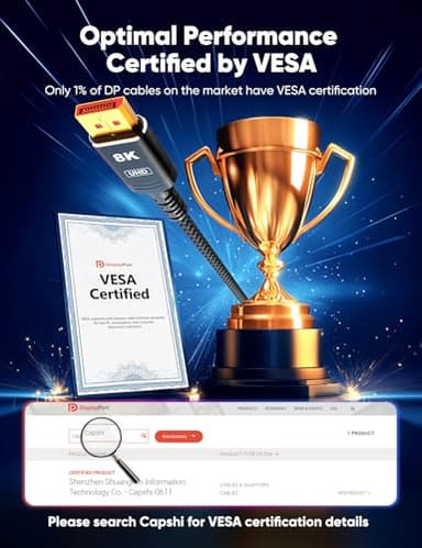 Capshi 8K 4K DisplayPort Cable 1.4, 10FT DP Cord (VESA Certified, 8K@60Hz, 4K@144Hz, 2K@240Hz/165Hz), 32.4Gbps High Speed Display Port Cable for Gaming Monitor, HDR/FreeSync/G-Sync, Braided, Black - Image 2
